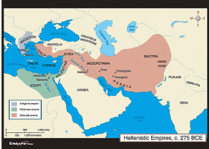 De Hellenistische Diadochenrijken, Macedonië, Egypte en het Rijk der Seleuciden na de val van het Perzische Rijk.