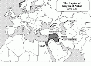 Het Babylonische Rijk van Sargon de Grote, strategisch en centraal gelegen op het raakpunt der drie continenten.